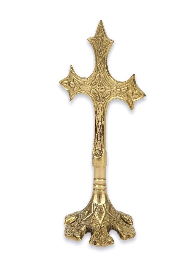 BlessedMart Ornate Brass Standing Cross - Table Altar Blessing Crucifix, Church Liturgical, Home Altar, Prayer Corner, Height 5.11 inch - Image 1